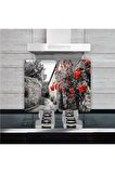 Cam Ocak Koruyucu Ve Kesim Tablası Kırmızı Çiçekler (80cm X 52cm) 2 Parça, 5'li Ocaklar
